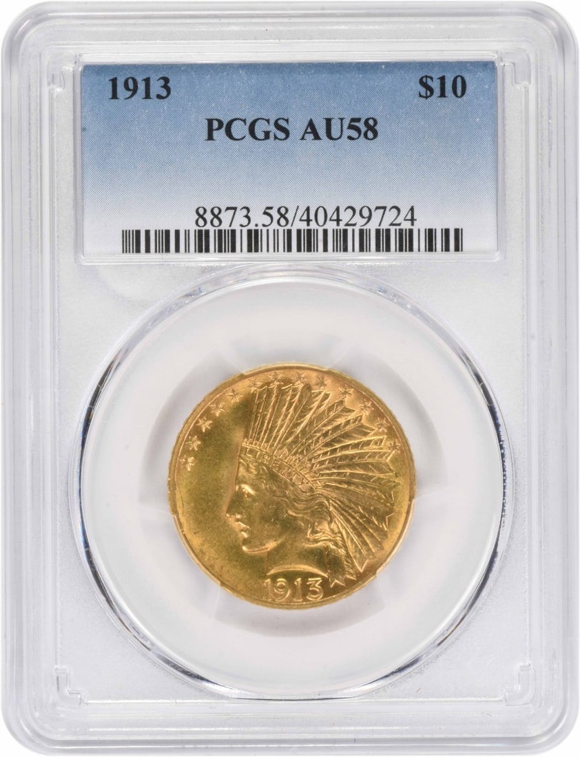 1913 $10 Gold Indian AU58 PCGS: 1913 $10 Gold Indian AU58 PCGS The 1913 $10 Gold Indian features a striking gold composition and a denomination of $10, making it a notable piece from the early 20th century. Certified by the PCGS as