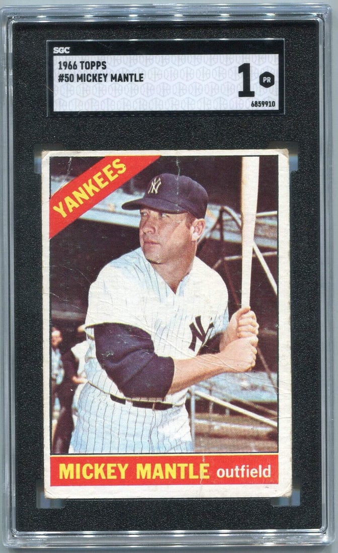 Mickey Mantle 1966 Topps Card #50 SGC Graded 1: Mickey Mantle 1966 Topps Card #50 SGC Graded 1 Mickey Mantle 1966 Topps Card #50 is a highly graded example, boasting a 1 grade from Professional Grader 275016. This card showcases the iconic