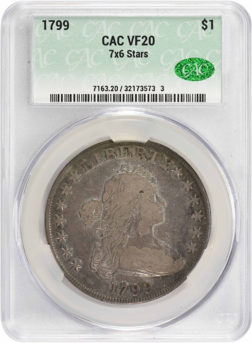 1799 Bust Silver Dollar 7x6 Stars VF20 CACG: 1799 Bust Silver Dollar 7x6 Stars VF20 CACG The 1799 Bust Silver Dollar features a striking design by Robert Scot, with 7x6 stars prominently displayed. This circulated example is certified by CACG an