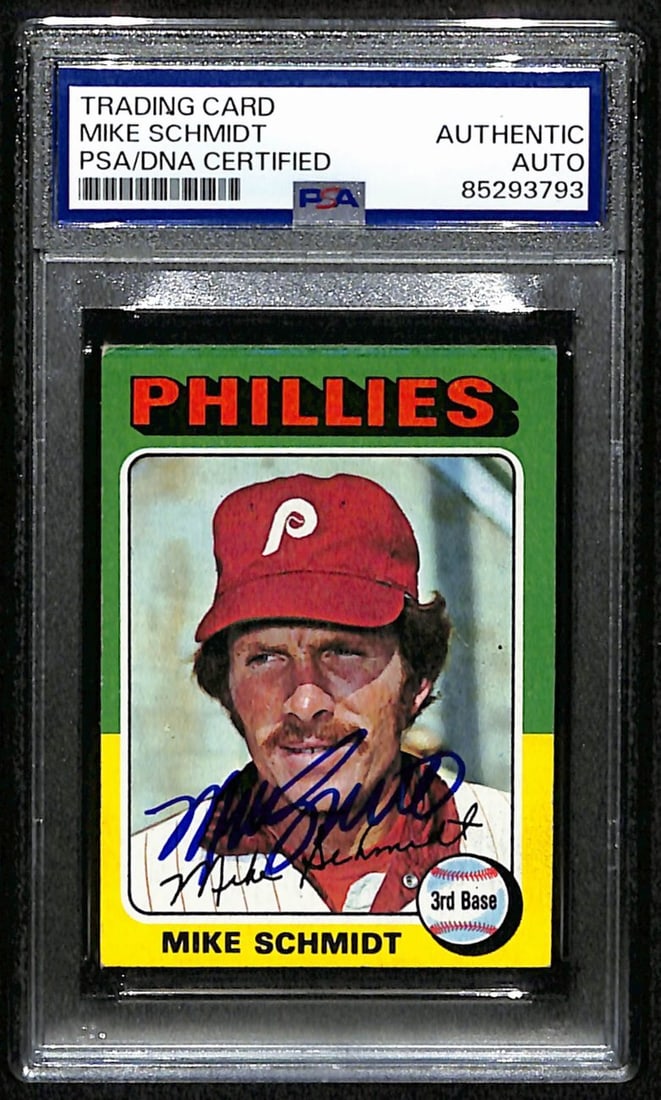 Mike Schmidt HOF Signed/ Autographed 1975 Topps Card #70 Phillies PSA/ DNA 190631: Mike Schmidt HOF Signed/ Autographed 1975 Topps Card #70 Phillies PSA/ DNA 190631 Signed by Mike Schmidt, the iconic Phillies third baseman, this 1975 Topps card (#70) is a must-have for baseball