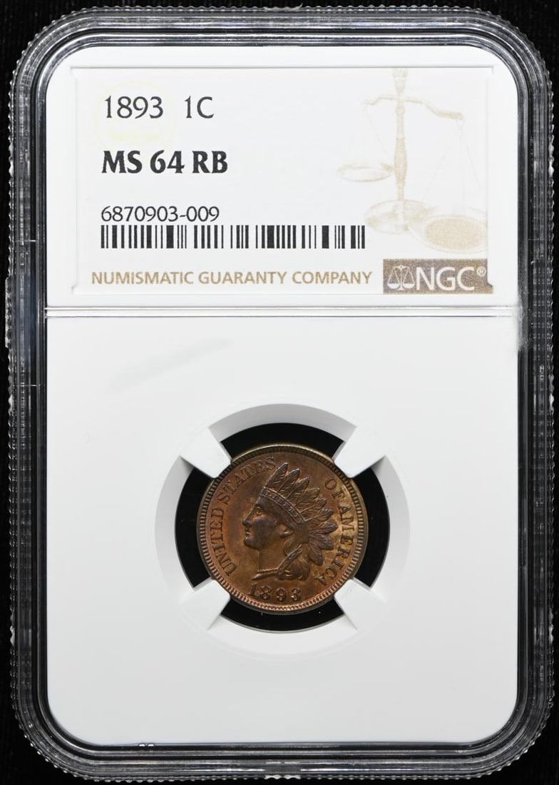 1893 Bronze Indian Cent 1C NGC MS64RB: 1893 Bronze Indian Cent 1C NGC MS64RB The 1893 Bronze Indian Cent is a highly detailed and intricately designed coin, featuring a striking image of Liberty on the obverse and an Indian on the reverse.