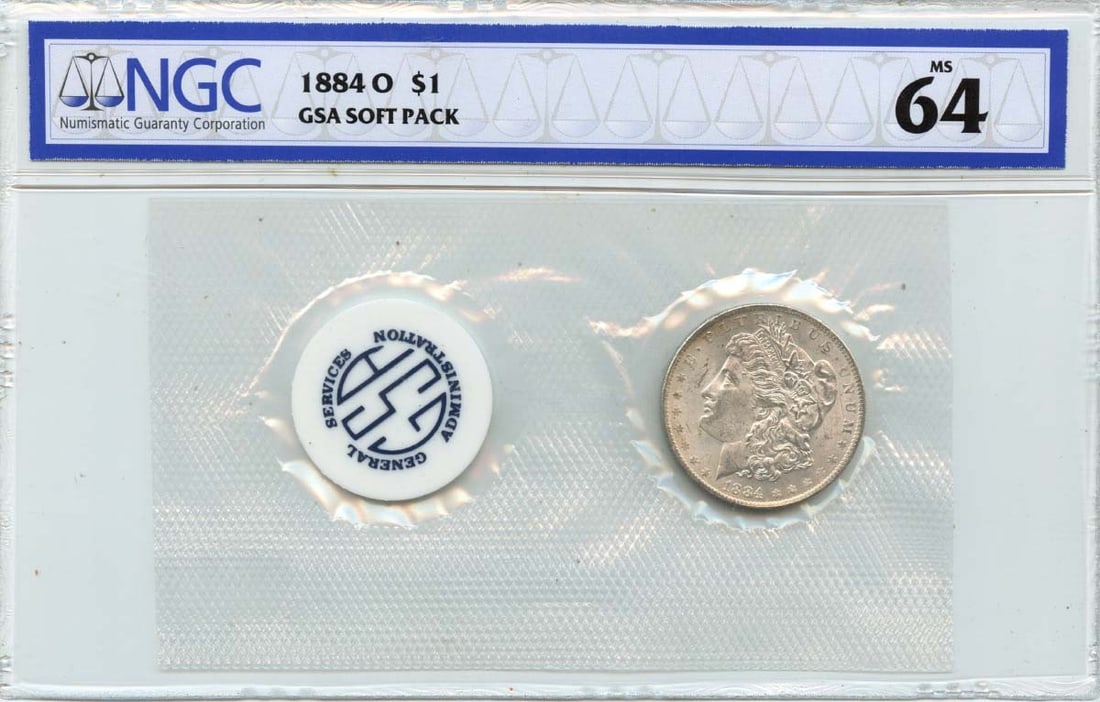 1884 O Morgan Dollar GSA SOFT PACK S$1 NGC MS64: 1884 O Morgan Dollar GSA SOFT PACK S$1 NGC MS64 Soft pack of 1884 O Morgan Dollar coins, certified MS64 by the Numismatic Guaranty Corporation (NGC). These uncirculated coins were minted in Philadelph