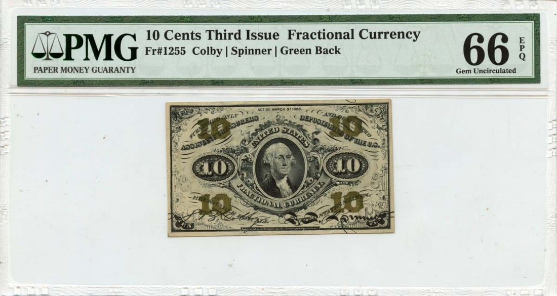 Fractional PMG GEM EPQ 10 Cents Issue 66 #1255: Fractional PMG GEM EPQ 10 Cents Issue 66 #1255 The Fractional PMG GEM EPQ 10 Cents Issue 66 #1255 is a highly graded uncirculated note, certified by PMG with a grade of MS66. This rare issue features 
