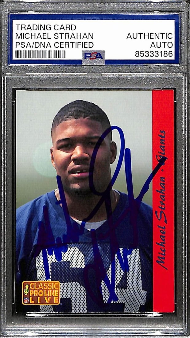 Michael Strahan Signed 1993 Pro Line Live Card #195 PSA 187998: Michael Strahan Signed 1993 Pro Line Live Card #195 PSA 187998 Michael Strahan's 1993 Pro Line Live Card #195 is a unique piece of NFL memorabilia, bearing the signature of the legendary defensive end
