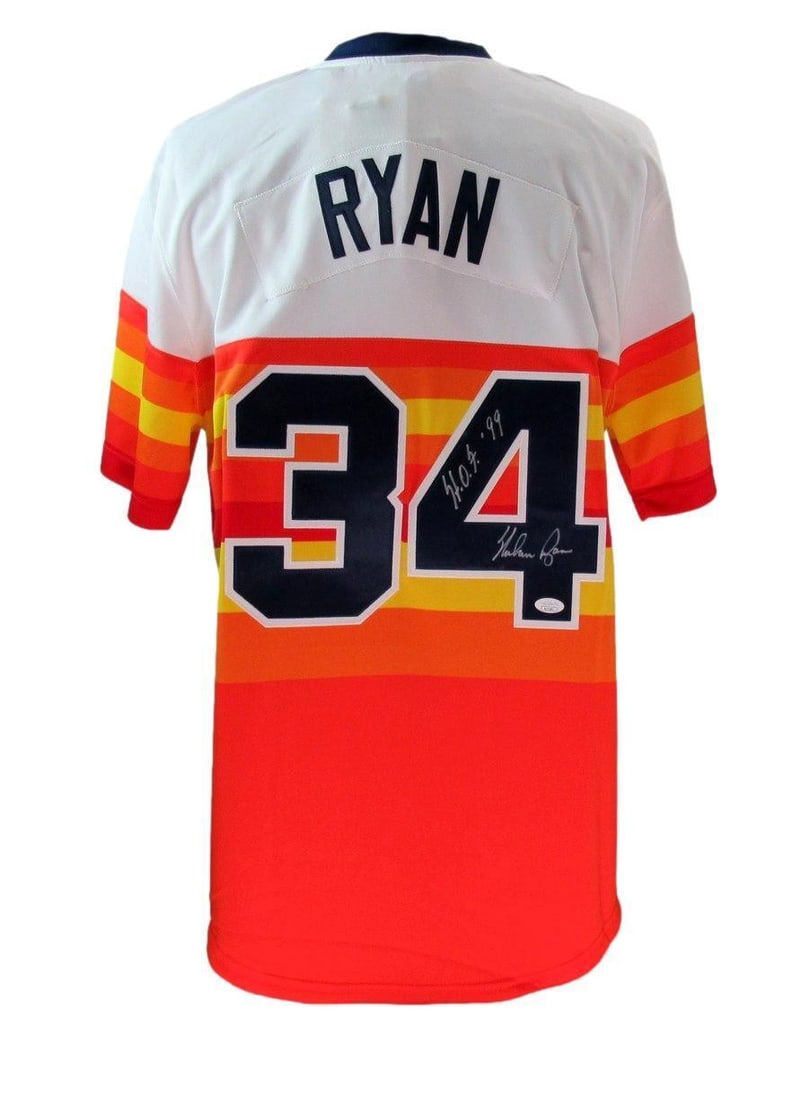 Nolan Ryan Authentic Astros Jersey Autographed 1980 Mitchell & Ness: Nolan Ryan Authentic Astros Jersey Autographed 1980 Mitchell & Ness Authentic 1980 Mitchell & Ness Nolan Ryan Astros Jersey, signed by the legendary pitcher. This vintage jersey features the iconic nu