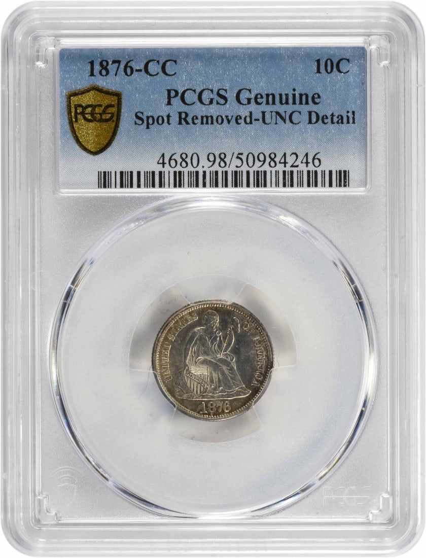 1876-CC Liberty Seated Silver Dime DDR Genuine (Spot Removed-UNC Detail) PCGS: 1876-CC Liberty Seated Silver Dime DDR Genuine (Spot Removed-UNC Detail) PCGS PCGS-certified 1876-CC Liberty Seated Silver Dime with a spot removed, showcasing its UNC detail. This genuine coin featur