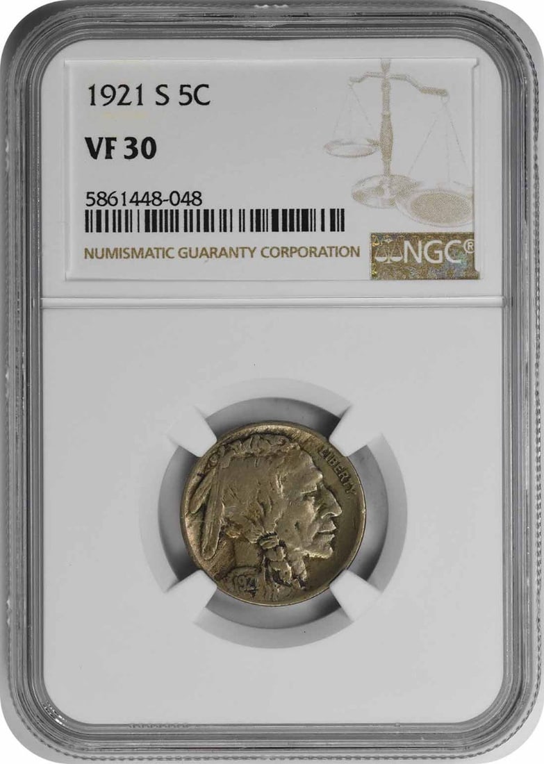 1921-S Buffalo Nickel VF30 NGC: 1921-S Buffalo Nickel VF30 NGC The 1921-S Buffalo Nickel is a highly sought-after coin, featuring a striking design with a buffalo on the obverse and a shield on the reverse. Graded VF30 by the Numism