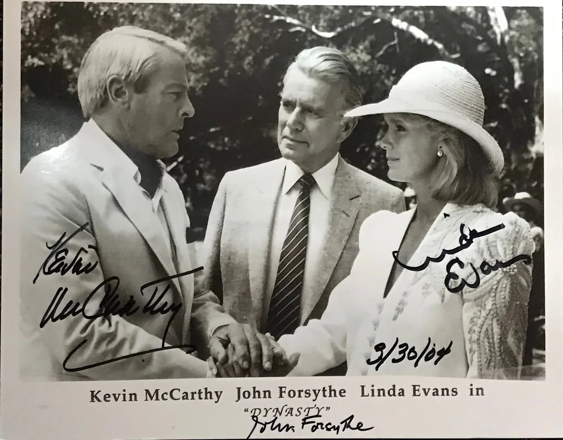 McCarthy John Forsythe & Evans Linda Autographed 8x10 Photo JSA: McCarthy John Forsythe & Evans Linda Autographed 8x10 Photo JSA Kevin McCarthy, John Forsythe, and Linda Evans are captured in a rare and iconic 8x10 photo, bearing signatures from all three. The Jame