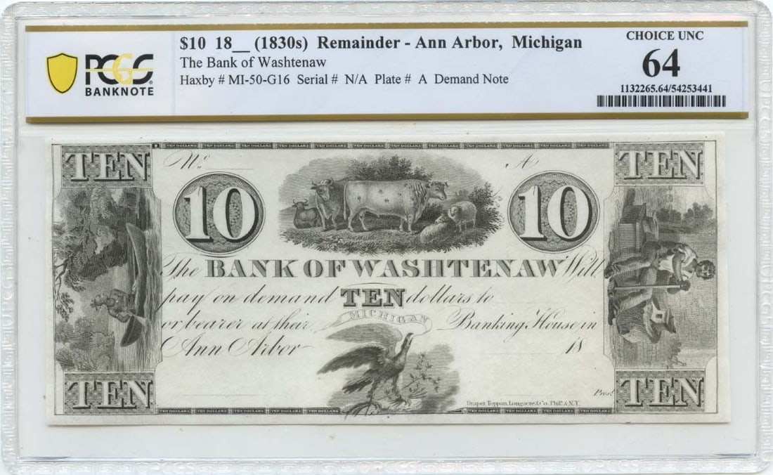 1830s $10 Ann Arbor, Michigan Obsolete Note Bank of Washtenaw PCGS CU64 (1 of 1)