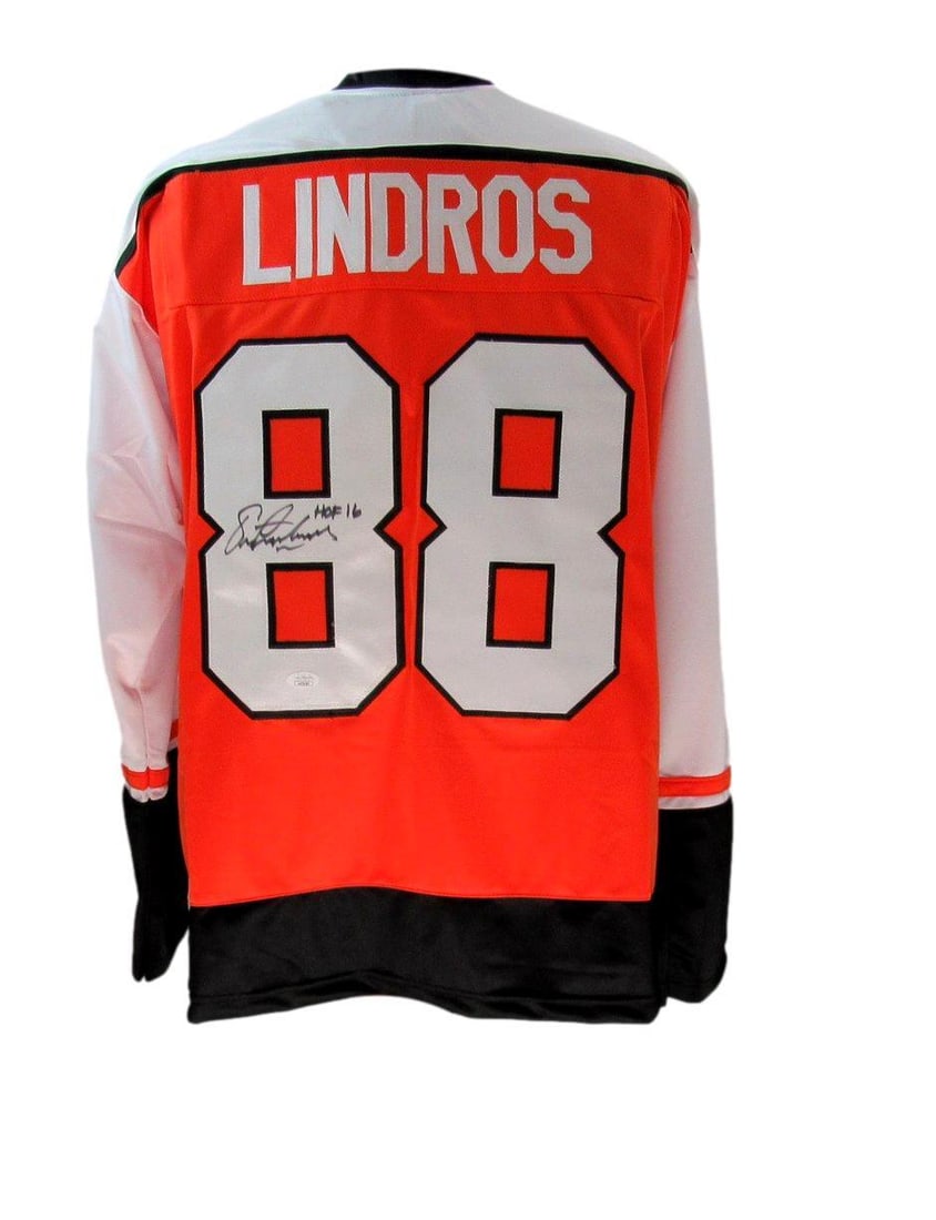 Eric Lindros HOF Autographed/ Inscr Orange Custom Hockey Jersey Flyers JSA 180947: Eric Lindros HOF Autographed/ Inscr Orange Custom Hockey Jersey Flyers JSA 180947 Item Specifics: Sport: Hockey Product: Jersey Original/Reprint: Original Team: Philadelphia Flyers Autograph Authentic