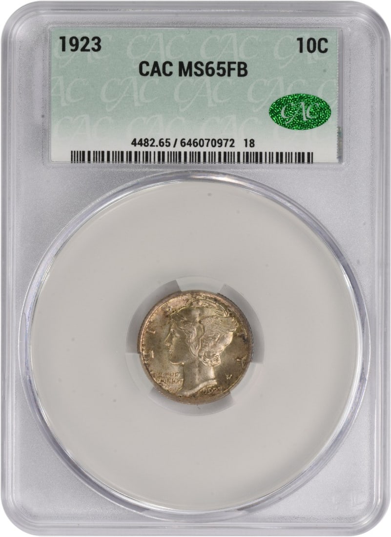 MS65FB CACG Mercury Silver Dime 1923: MS65FB CACG Mercury Silver Dime 1923 The MS65FB CACG Mercury Silver Dime 1923 is a highly graded, uncirculated coin with a rich history. Certified by CACG, this 90% silver dime features the iconic