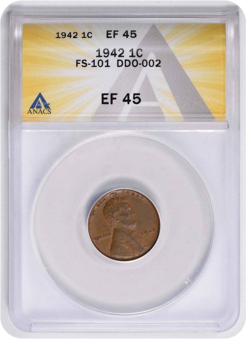 1942 Lincoln Cent DDO FS-101 EF45 ANACS: 1942 Lincoln Cent DDO FS-101 EF45 ANACS 1942 Lincoln Cent DDO FS-101 EF45 ANACS - A rare and highly detailed example of the Lincoln Wheat cent, this coin boasts a circulated grade of EF45, indicating 