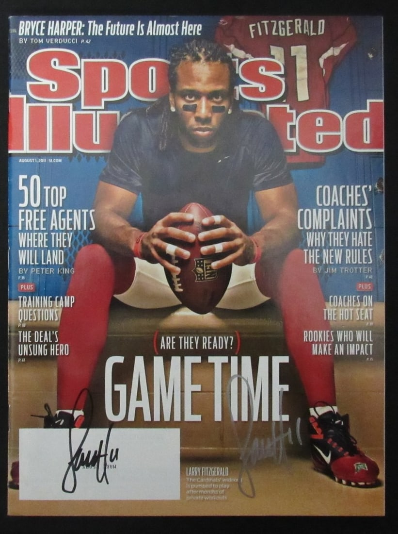 Fitzgerald Signed 2011 Sports Illustrated Magazine NO JSA 190779: Fitzgerald Signed 2011 Sports Illustrated Magazine NO JSA 190779 Fitzgerald's autograph on this 2011 Sports Illustrated magazine is a notable feature of this collectible item. The magazine is an origi