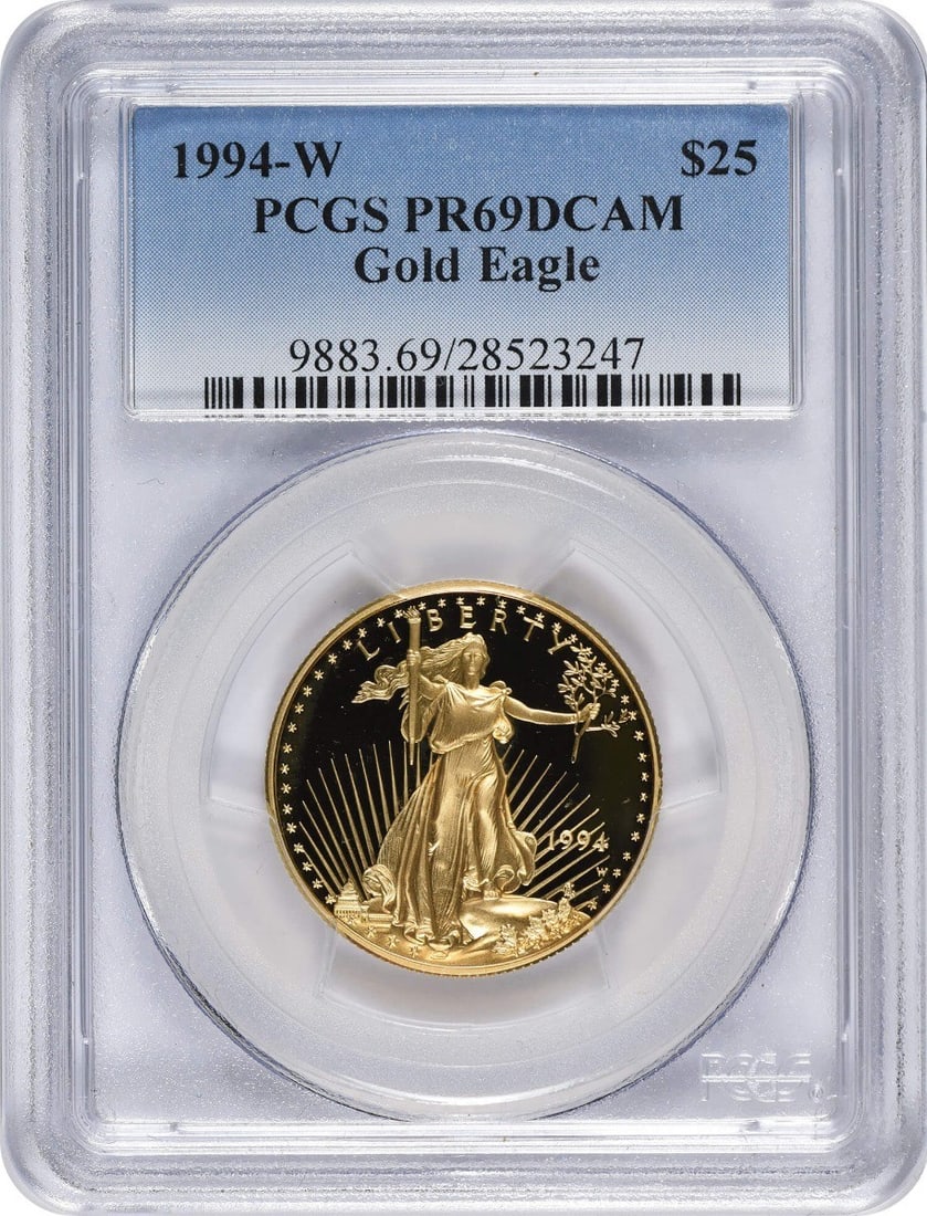 1994-W $25 American Gold Eagle PR69DCAM PCGS: 1994-W $25 American Gold Eagle PR69DCAM PCGS The 1994-W $25 American Gold Eagle is a stunning proof coin, graded PR69DCAM by PCGS, showcasing exceptional strike and detail. With its 0.9999 fineness an
