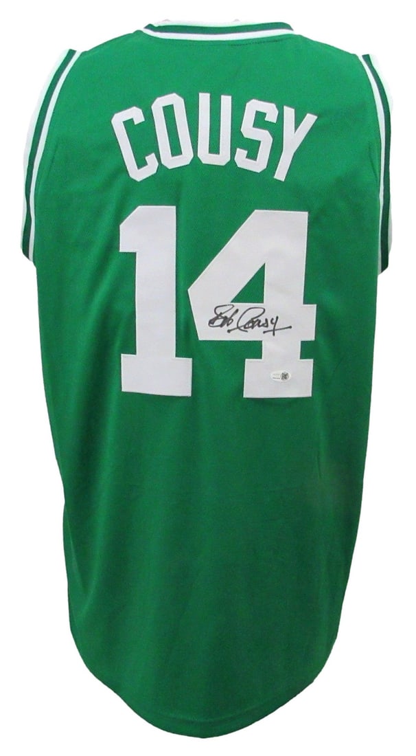 Boston Celtics Signed Jersey HOF Bob Cousy Auto Green Basketball: Boston Celtics Signed Jersey HOF Bob Cousy Auto Green Basketball Signed by Hall of Famer Bob Cousy, this green Boston Celtics jersey features the legendary point guard's distinctive signature, a must-