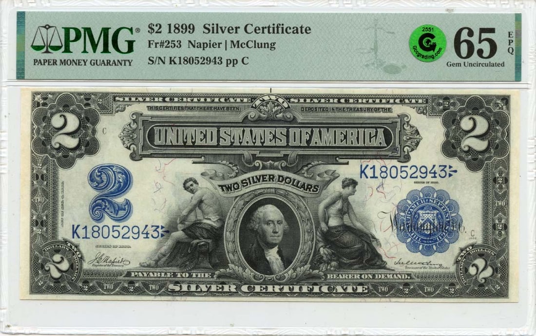 $2 Silver Certificate 1899 Fr# 253 Gem65 EPQ GCC Green: $2 Silver Certificate 1899 Fr# 253 Gem65 EPQ GCC Green MS65 graded 1899 Silver Certificate, bearing the distinctive Gem65 EPQ GCC Green certification, is a highly detailed and precise specimen of this