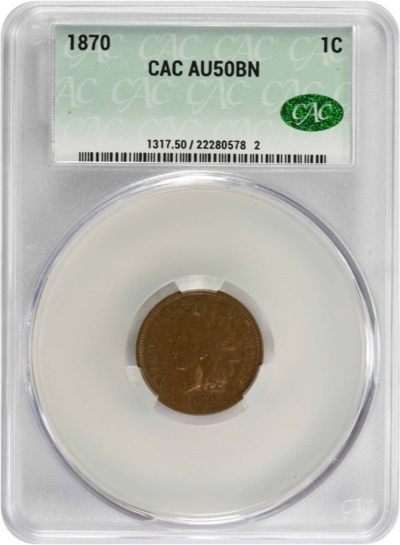 1870 Indian Cent AU50 CACG: 1870 Indian Cent AU50 CACG The 1870 Indian Cent AU50 CACG is a circulated example of a copper small cent from the United States, graded AU50 by the CACG. This coin bears a signature and is a notable e