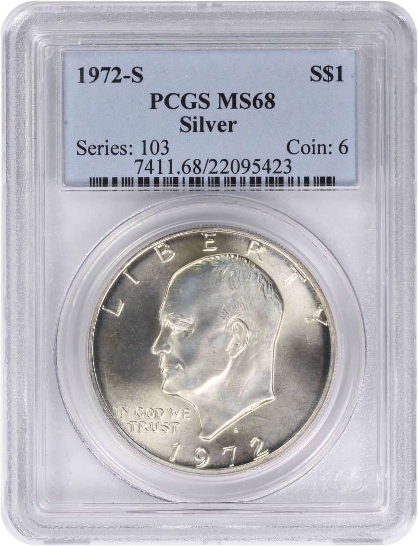 1972-S Silver Eisenhower Dollar Ike MS68 PCGS 68 Mint State: 1972-S Silver Eisenhower Dollar Ike MS68 PCGS 68 Mint State The 1972-S Silver Eisenhower Dollar is a highly detailed and well-graded coin, certified by PCGS as MS68 Mint State. This coin features a si