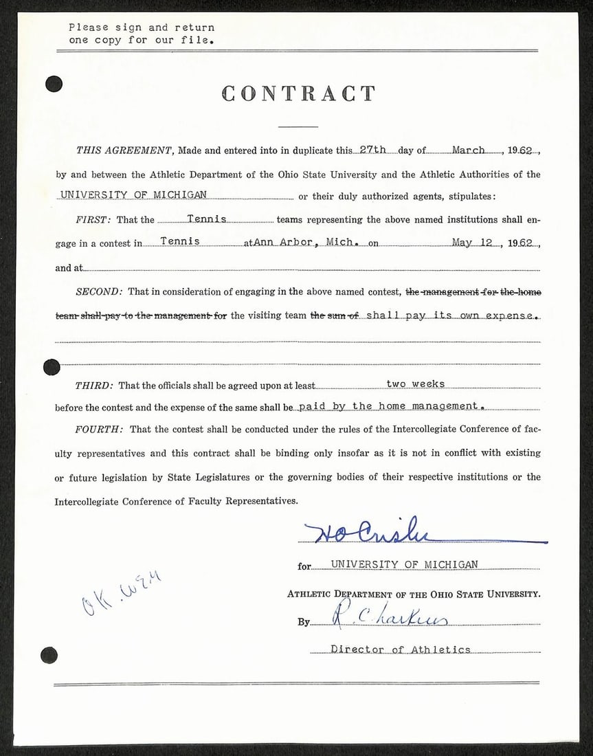 Fritz Crisler HOF Michigan Head Coach Signed/ Auto Contract PSA BA199003: Fritz Crisler HOF Michigan Head Coach Signed/ Auto Contract PSA BA199003 Signed by Fritz Crisler, the legendary head coach of the University of Michigan, this auto contract bears his signature and is 