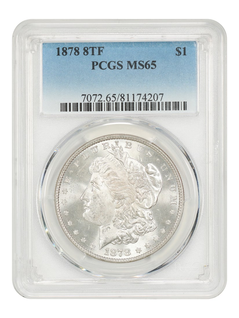 1878 8TF $1 PCGS MS65 - Morgan Dollar - Important First Year Issue: 1878 8TF $1 PCGS MS65 - Morgan Dollar - Important First Year Issue The 1878 8TF $1 Morgan Dollar is a highly sought-after coin, featuring a unique 8-tenths of a cent minting error. Certified MS65 by P