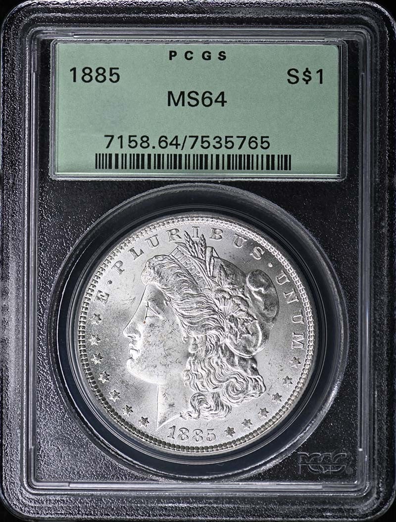 $1 Morgan Dollar PCGS MS64: $1 Morgan Dollar PCGS MS64 The 1885 Morgan Dollar, graded MS64 by PCGS, is a highly detailed and well-preserved uncirculated coin. Certified by the prestigious Professional Coin Grading Service, this 