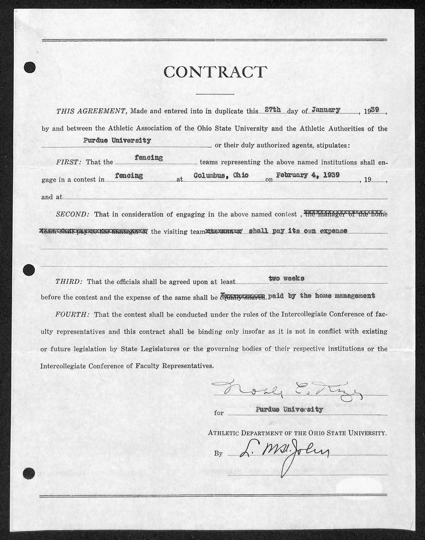 Signed 1939 Contract HOF JSA Ohio State Purdue Lynn St John: Signed 1939 Contract HOF JSA Ohio State Purdue Lynn St John Signed 1939 Contract HOF JSA Ohio State Purdue Lynn St John. This item bears the signature of Lynn St John, a notable figure in Ohio State U
