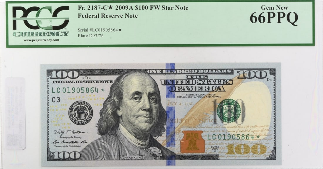 2009A $100 Federal Reserve Star Note FR2187-C* Gem New 66PPQ PCGS: 2009A $100 Federal Reserve Star Note FR2187-C* Gem New 66PPQ PCGS The 2009A $100 Federal Reserve Star Note is a highly graded, uncirculated gem, boasting a stunning MS66 grade from PCGS. This exceptio