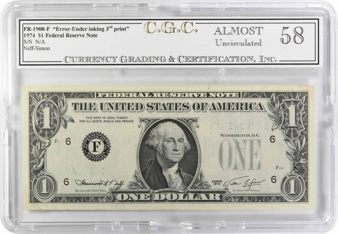 1974 $1 Federal Reserve Bank Note Error Under Inking FR1908F AU58 CGC: 1974 $1 Federal Reserve Bank Note Error Under Inking FR1908F AU58 CGC This 1974 $1 Federal Reserve Bank Note features a notable error under inking, making it a unique and interesting addition to any c