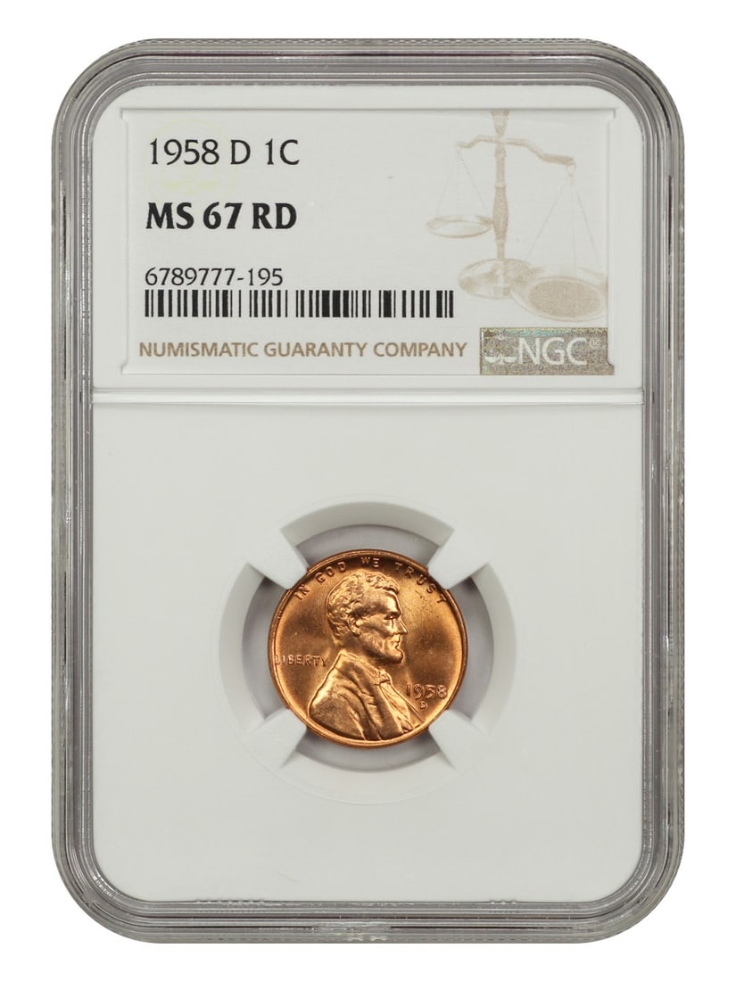 1958-D 1C NGC MS67RD: 1958-D 1C NGC MS67RD The 1958-D 1C RD coin is a highly detailed and well-preserved example of a 1958-D penny, graded MS67RD by the Numismatic Guaranty Corporation (NGC). This coin's rich reddish-brown