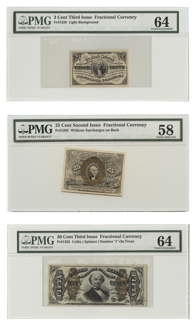 Lot of 3C-50C Fractional Currency PMG Choice AU58-Choice UNC64 (3 Notes) - Fract: Lot of 3C-50C Fractional Currency PMG Choice AU58-Choice UNC64 (3 Notes) - Fract Three 3- to 50-Cent Fractional Currency notes, certified by PMG as Choice AU58-Choice UNC64, showcasing their exception
