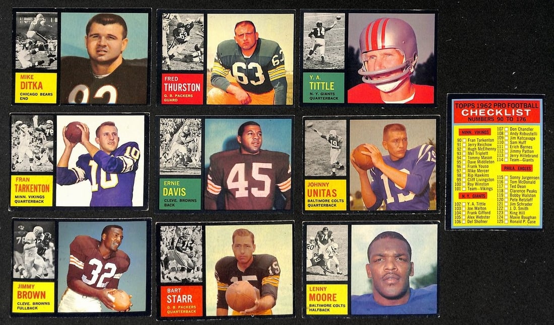 Football Card Complete Set Brown Unitas Ditka Taylor 1-176 1962 Topps: Football Card Complete Set Brown Unitas Ditka Taylor 1-176 1962 Topps Item Specifics: Season: 1962 Sport: Football Product Disclaimer: Not affiliated with any team or league. Signatures are