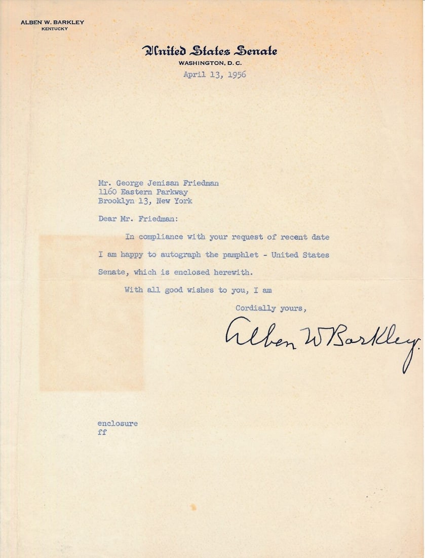 Alben W. Barkley Senator Truman VP Signed Vintage TLS 1956 Letter JSA 180345: Alben W. Barkley Senator Truman VP Signed Vintage TLS 1956 Letter JSA 180345 Item Specifics: Autograph Authentication: JSA Industry: Movies Original/Reproduction: Original Original/Reprint: Original P