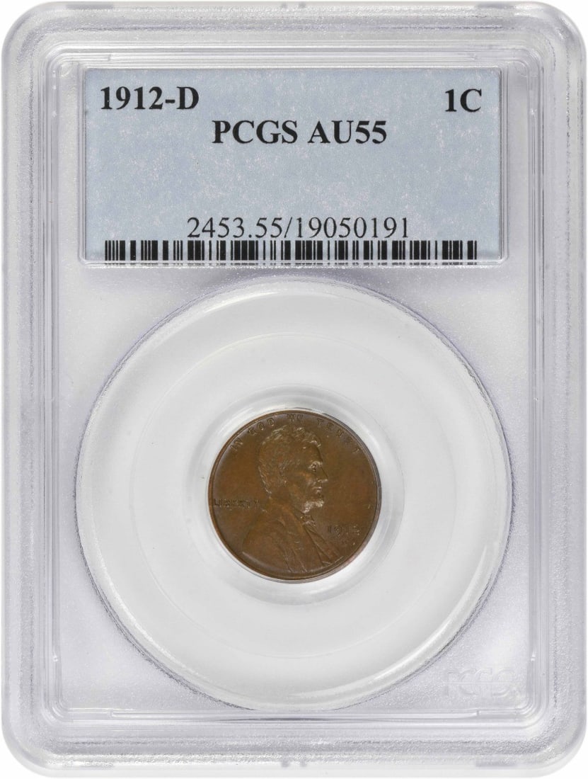 Lincoln Cent 1912-D PCGS AU55: Lincoln Cent 1912-D PCGS AU55 The 1912-D Lincoln Cent, graded AU55 by PCGS, boasts a rich history as a circulating coin, with a unique Km number of 132. This copper coin features a distinctive design,