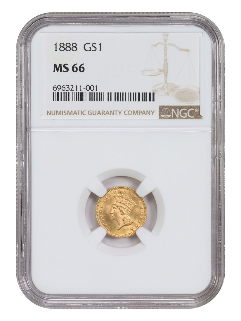 1888 G$1 NGC MS66 - Gold Dollar - Low Mintage Gold Dollar: 1888 G$1 NGC MS66 - Gold Dollar - Low Mintage Gold Dollar The 1888 G$1 Gold Dollar is a rare and highly sought-after coin, with only a low mintage making it a true treasure for collectors. Graded