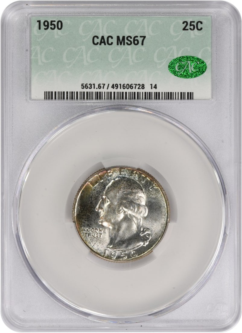 1950 Washington Silver Quarter MS67 CACG: 1950 Washington Silver Quarter MS67 CACG The 1950 Washington Silver Quarter MS67 CACG is a highly detailed and well-crafted coin featuring the iconic portrait of George Washington designed by John