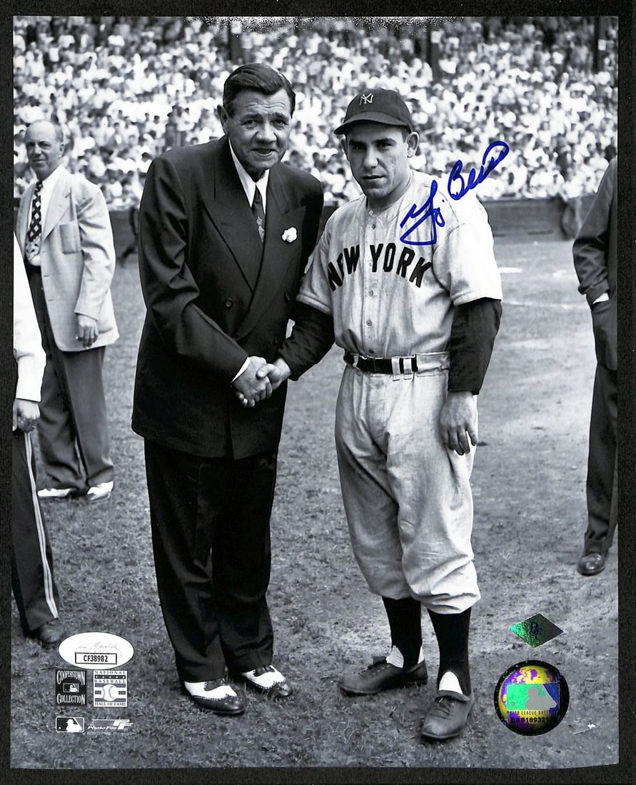 Berra Yogi HOF Signed Photo 8x10 Auto Babe Ruth Yankees JSA 195891: Berra Yogi HOF Signed Photo 8x10 Auto Babe Ruth Yankees JSA 195891 Berra Yogi HOF Signed Photo 8x10 Auto Babe Ruth Yankees JSA 195891 - A rare and iconic baseball photo featuring the legendary Babe Ru