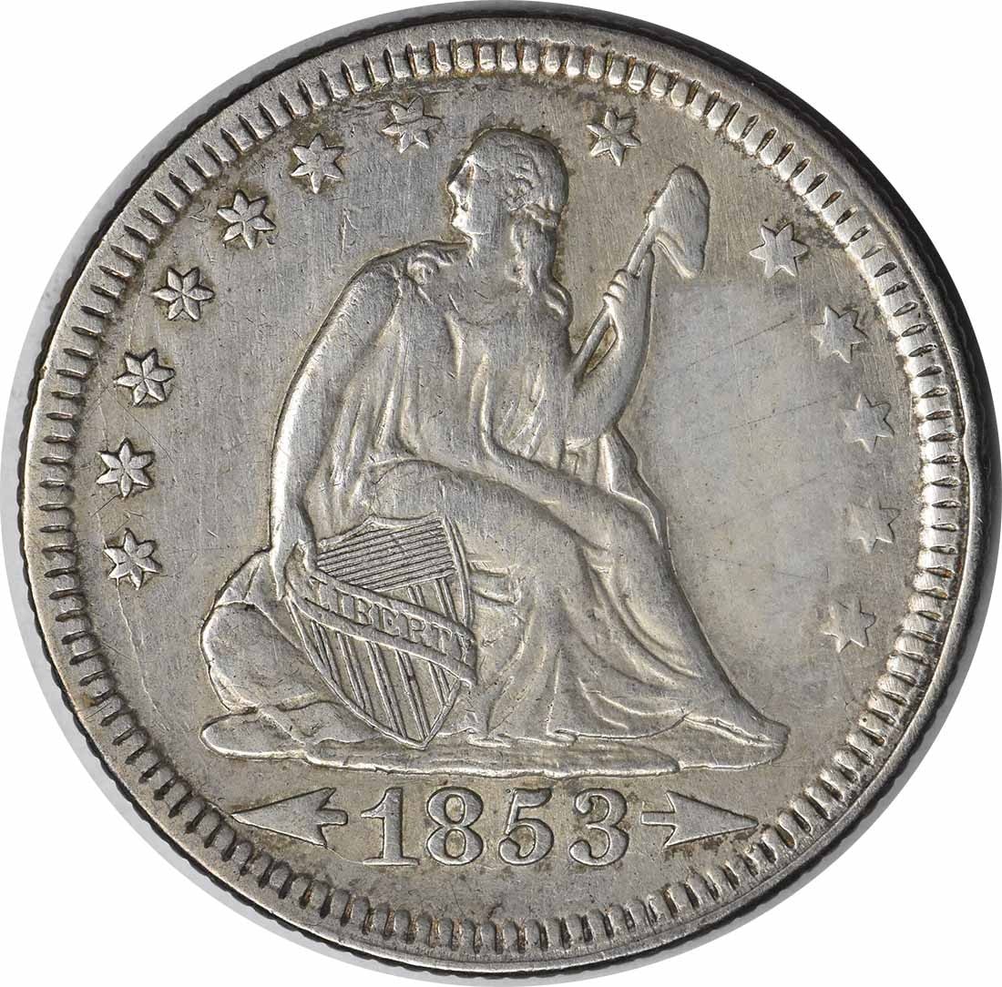 1853/ 4 Liberty Seated Silver Quarter FS-301 EF Uncertified: 1853/ 4 Liberty Seated Silver Quarter FS-301 EF Uncertified The 1853/4 Liberty Seated Silver Quarter is a rare circulated example, certified as Uncertified Circulated. This coin features a distinctive