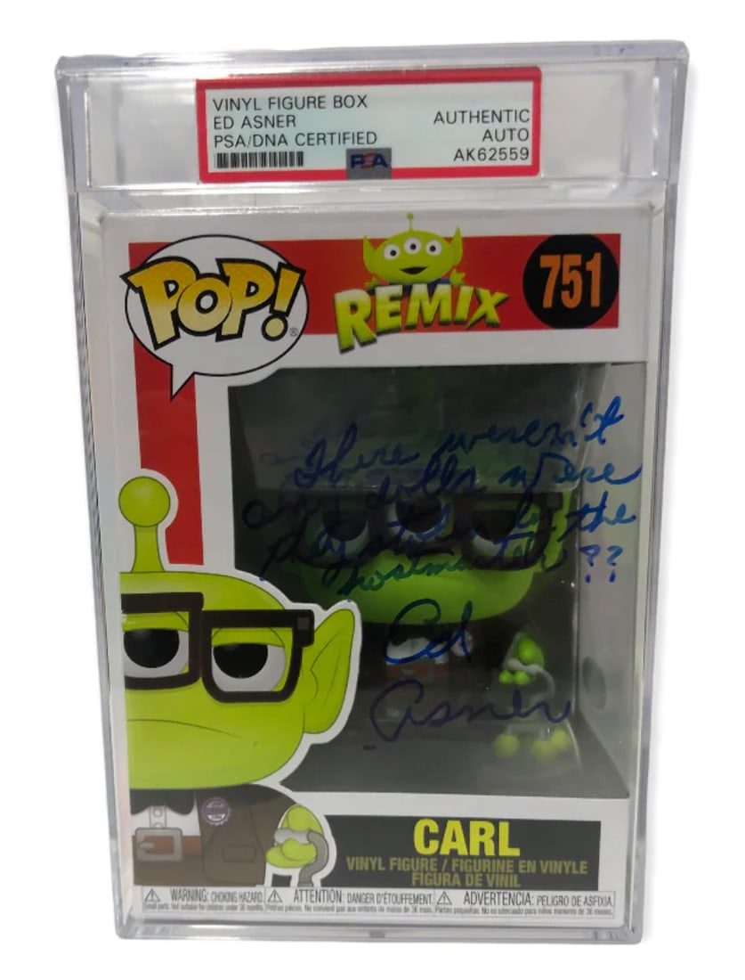 Funko Pop Ed Asner Autographed Dinsey Remix PSA: Funko Pop Ed Asner Autographed Dinsey Remix PSA Signed in blue paint pen across the front of the Funko pop, this Ed Asner autographed Disney Remix PSA bears the mark of Professional Sports Authenticat