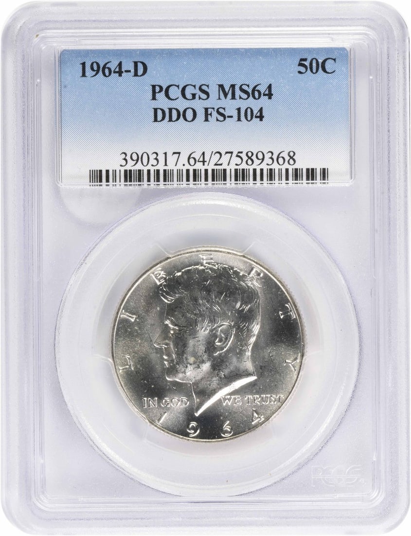 1964-D Kennedy Silver Half Dollar DDO FS-104 MS64 PCGS: 1964-D Kennedy Silver Half Dollar DDO FS-104 MS64 PCGS Item Specifics: Certification: PCGS Circulated/Uncirculated: Circulated Km Number: 202 Year: 1964 Composition: Silver Grade: MS64 Mint Location: 