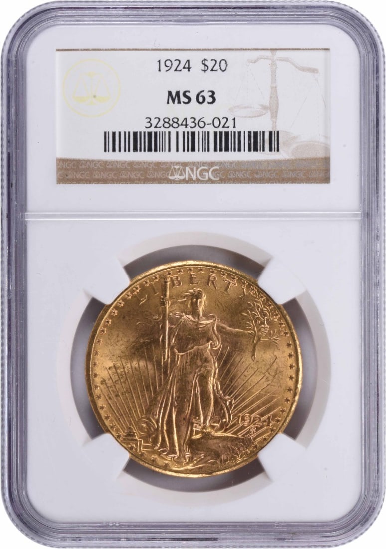 MS63 NGC Gaudens $20 Gold St 1924: MS63 NGC Gaudens $20 Gold St 1924 MS63 NGC Gaudens $20 Gold St 1924: A stunning example of the iconic Saint Gaudens $20 gold double eagle, minted in 1924 at the Philadelphia Mint. This coin boasts a h