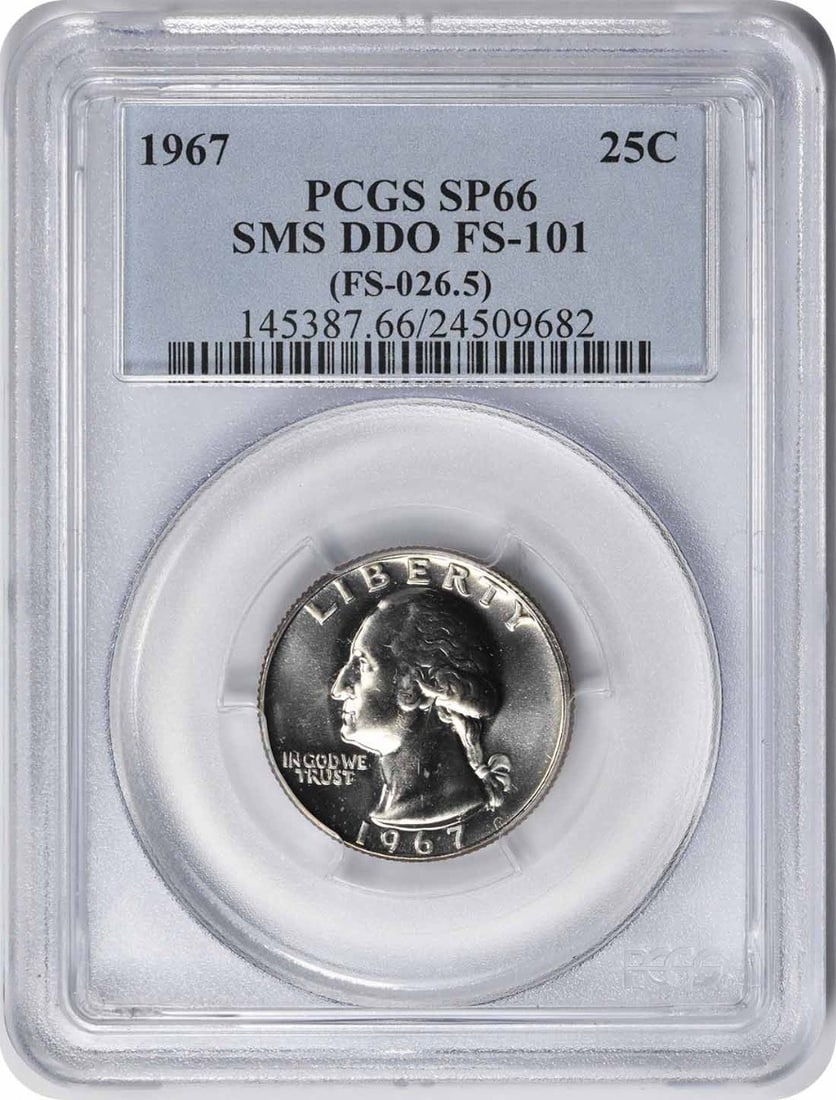 1967 Washington Quarter DDO FS-101 SMS SP66 PCGS: 1967 Washington Quarter DDO FS-101 SMS SP66 PCGS The 1967 Washington Quarter DDO FS-101 SMS SP66 PCGS is a highly detailed and unique coin, featuring a striking design by John Flanagan and a special s