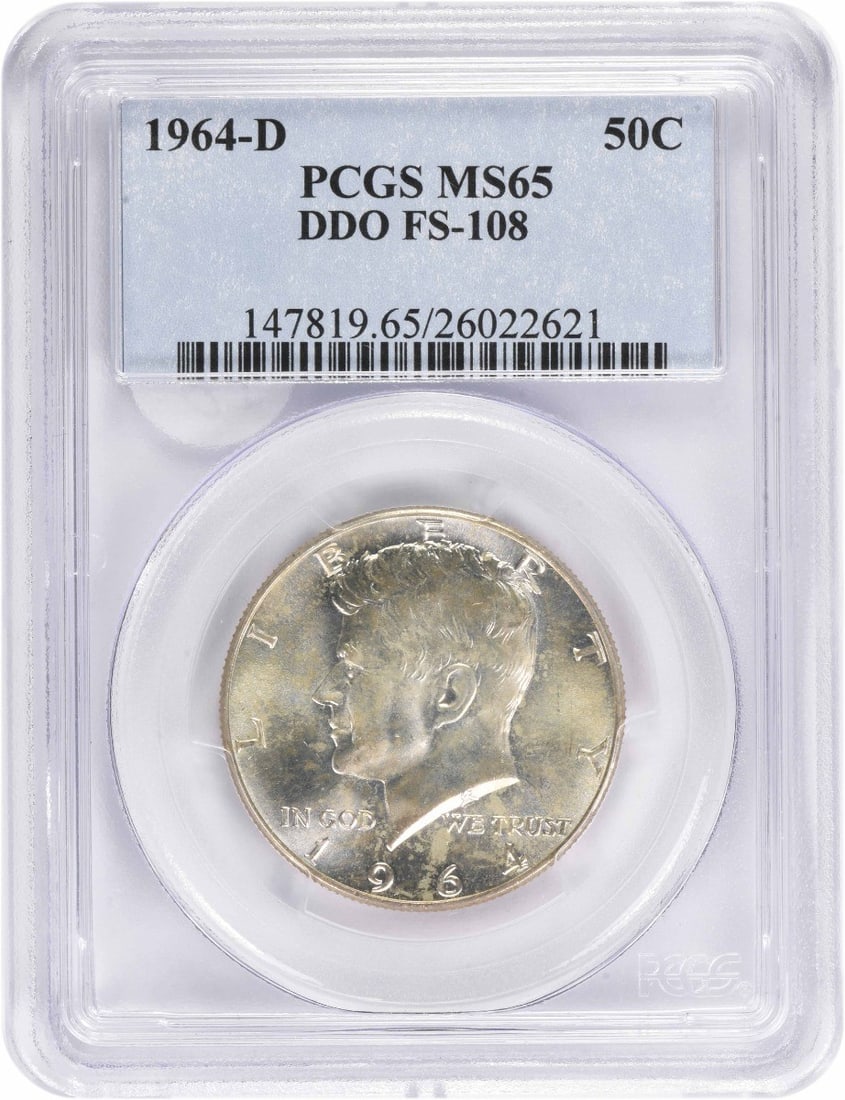 Silver Half Dollar DDO FS 108 MS65 PCGS Kennedy 1964: Silver Half Dollar DDO FS 108 MS65 PCGS Kennedy 1964 MS65 PCGS Certified, the 1964 Kennedy Half Dollar boasts a striking silver finish and a high grade from the Professional Coin Grading Service. This