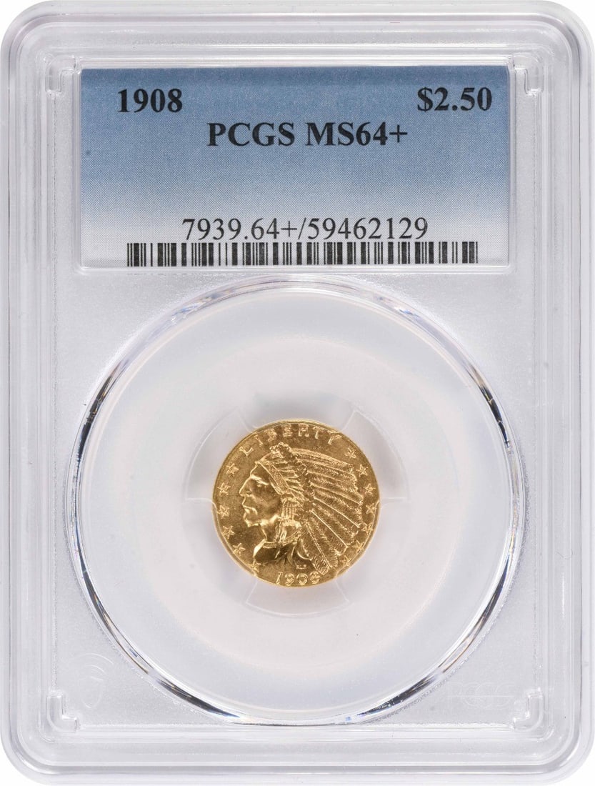 MS64+ Gold Indian 2.50 1908: MS64+ Gold Indian 2.50 1908 MS64+ Gold Indian $2.50 1908, certified by PCGS as a Circulated/Uncirculated Uncirculated coin, bears the Km number 128 and is composed of 22-karat gold. Struck in 1908, th