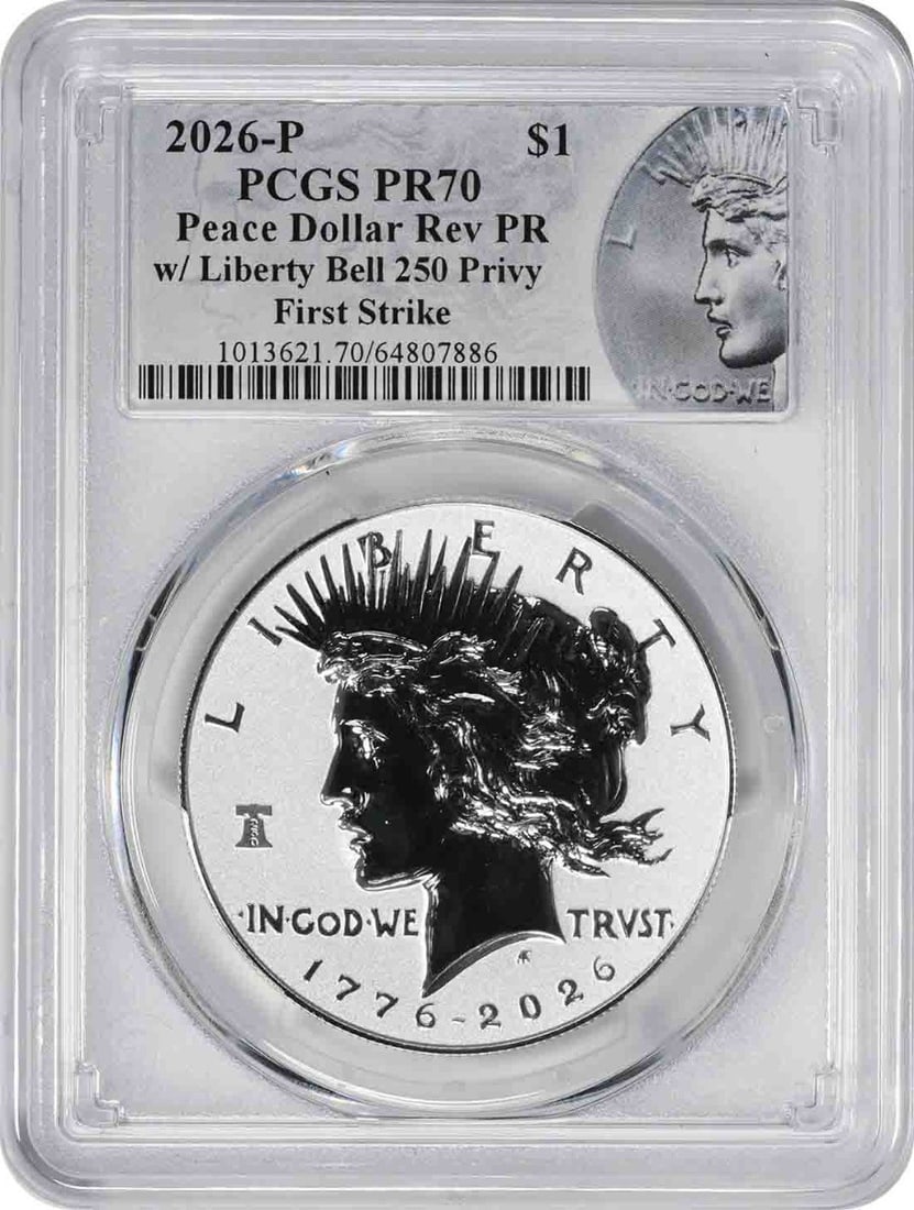 2026-P Peace Silver Dollar w/ Liberty Bell 250 Privy Reverse PR70 FS PCGS Peace: 2026-P Peace Silver Dollar w/ Liberty Bell 250 Privy Reverse PR70 FS PCGS Peace The 2026-P Peace Silver Dollar features a striking Liberty Bell 250 Privy Reverse design, a unique and eye-catching elem