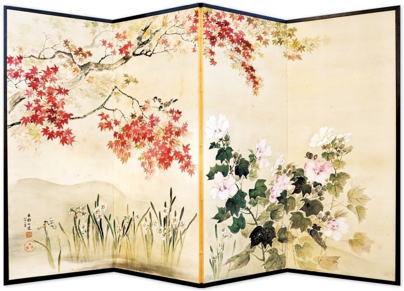 Byobu Gyokushi Atomi Japanese Antique Birds Flowers 4 Panel Screen: Byobu Gyokushi Atomi Japanese Antique Birds Flowers 4 Panel Screen Item Specifics: Artist: Atomi Gyokushi Subject: Birds and Flowers (Kacho-ga) Material: Ink and Color on Paper Style: Japanese Year Of