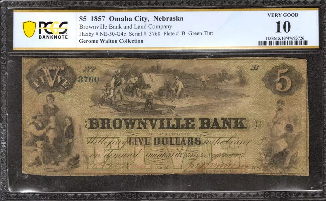 1857 $5 BROWNVILLE BANK & LAND CO OMAHA NEBRASKA NOTE GREEN TINT PCGS 10 VG (726: 1857 $5 BROWNVILLE BANK & LAND CO OMAHA NEBRASKA NOTE GREEN TINT PCGS 10 VG (726 1857 $5 Brownsville Bank & Land Co. Omaha, Nebraska Note features a striking green tint, a notable characteristic of th