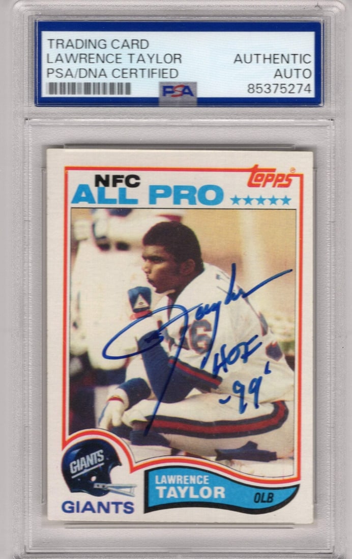 Lawrence Taylor 1982 Topps #434 PSA Auto Grade 10 Card "HOF 99": Lawrence Taylor 1982 Topps #434 PSA Auto Grade 10 Card "HOF 99" Signed in blue sharpie, this 1982 Topps #434 card bears a notable signature from Lawrence Taylor, inscribed "HOF 99", a testament to his