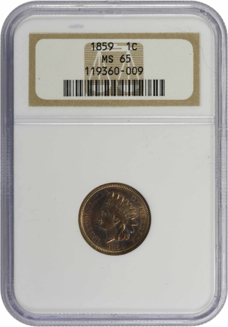 Indian Cent MS65 NGC 1859: Indian Cent MS65 NGC 1859 The 1859 Indian Cent MS65 NGC is a highly graded uncirculated coin, certified by the Numismatic Guaranty Corporation (NGC) with a grade of MS65. This coin features a copper c