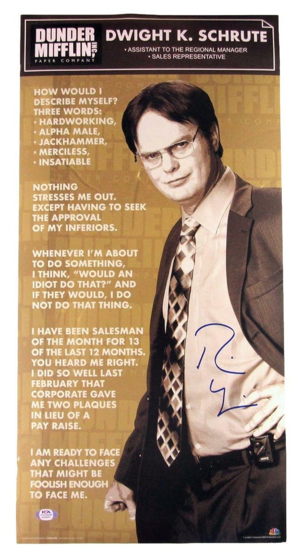 Rainn Wilson Signed Dwight Schrute 24x12 The Office Poster Quotes PSA/ DNA 160477: Rainn Wilson Signed Dwight Schrute 24x12 The Office Poster Quotes PSA/ DNA 160477 Signed by Rainn Wilson as Dwight Schrute, this 24x12 The Office poster features iconic quotes and boasts authenticatio