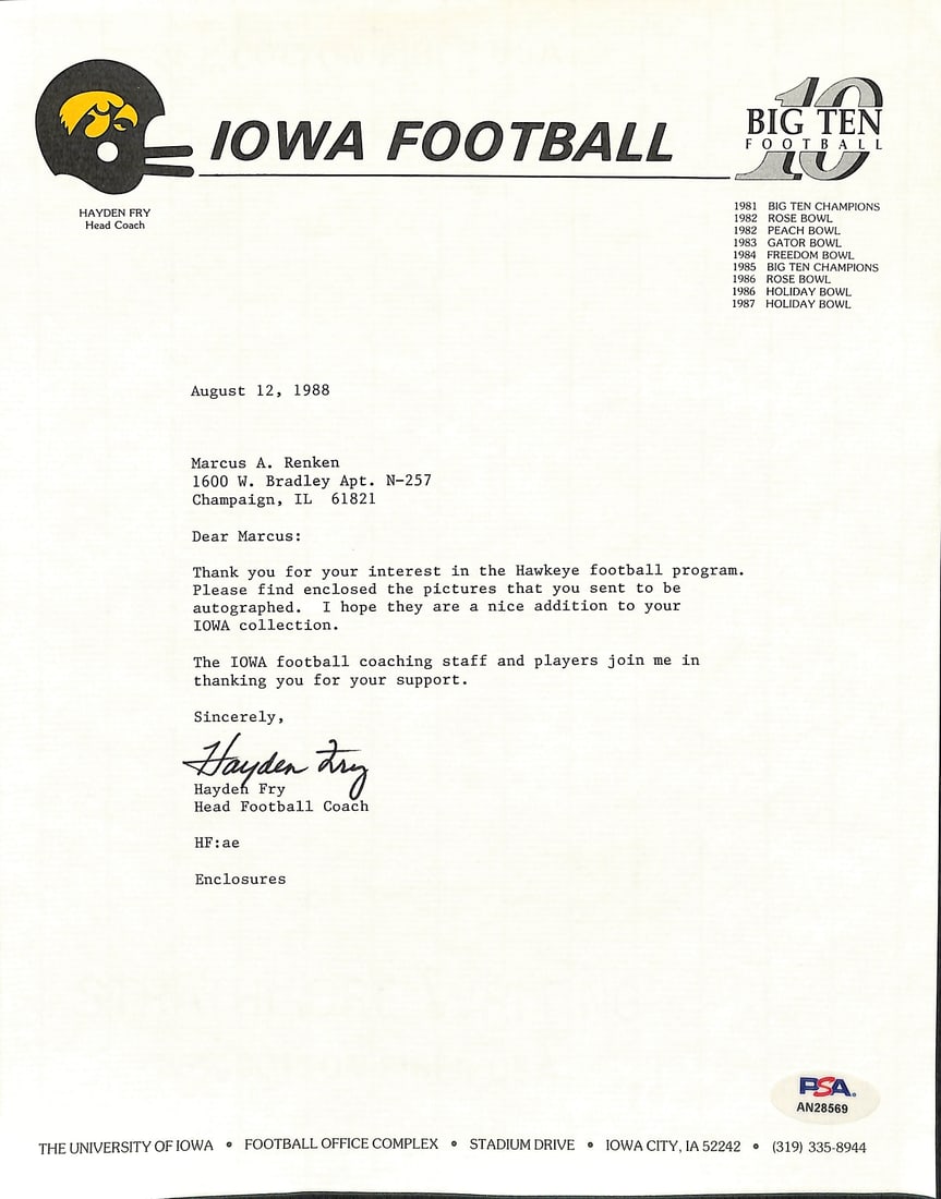 Hayden Fry Football Coach Signed TLS Letter University of Iowa PSA/ DNA 185264 (1 of 2)